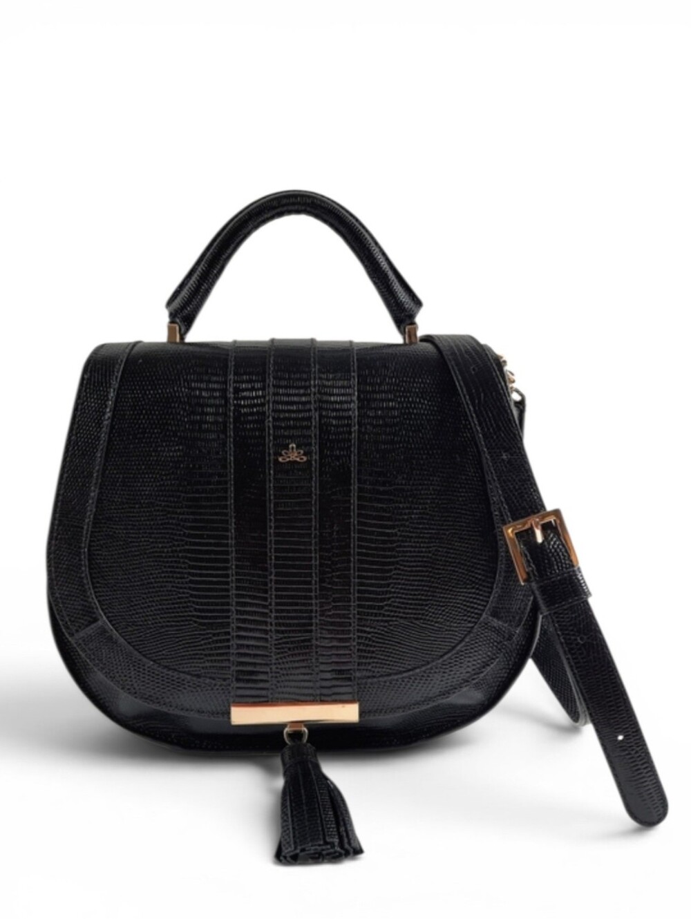 DeMellier Midi Venice Lizard Top Handle Satchel Crossbody Cowhide Black